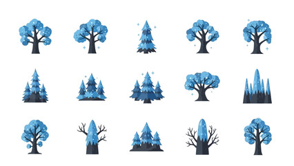 Collection of stylized winter and snow-covered trees and evergreens in a minimalistic digital