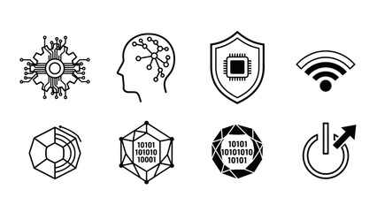 Collection of technological and digital icons representing innovation and connectivity