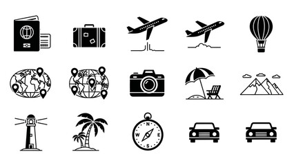 Collection of travel and navigation icons including airplanes, globes, and landmarks in black