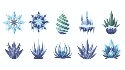 Collection of Various Artistic Snowflake and Ice Crystal Illustrations with Blue and Green Tones