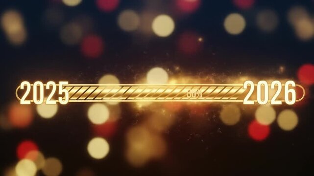 Golden loading bar animation bridging 2025 to 2026 with glittering progress symbolizing the new year 2026. 4k video