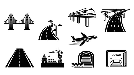 Collection of Various Transportation Infrastructure and Vehicles in Black and White Illustration