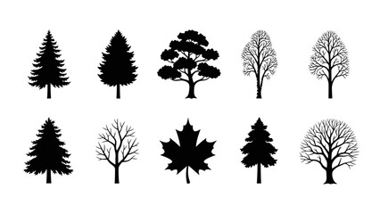 Collection of Various Tree Silhouettes Featuring Different Tree Shapes and Types in Black and White