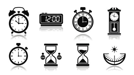 Collection of Various Types of Clocks and Timers Including Analog Digital and Sand Timer Icons