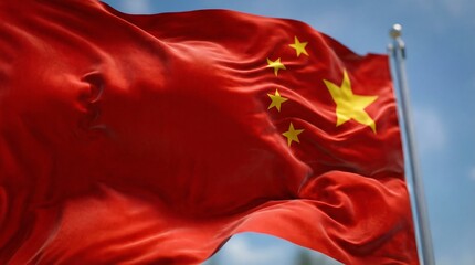 Waving national flag of china outdoors flag background bright sky dynamic movement cultural symbolism