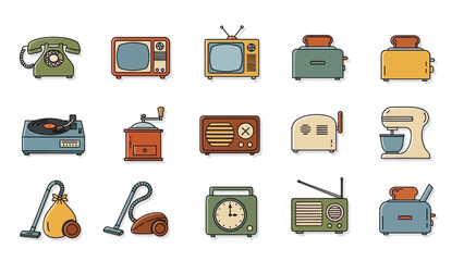 Collection of Vintage and Modern Retro Electronics and Household Devices Illustration