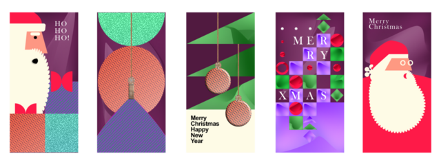 A collection of five colorful and modern Christmas-themed banners featuring abstract designs of Santa Claus, ornaments, and festive greetings. The vibrant vector illustration of an abstract background