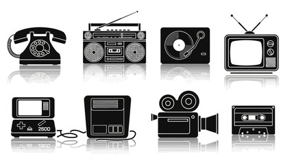 Collection of Vintage and Retro Electronic Devices Including Telephones and Cameras