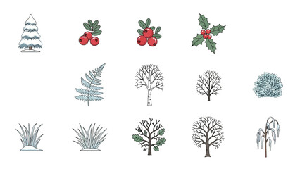 Collection of Winter and Holiday-Themed Illustrations Featuring Trees, Holly, and Plants for