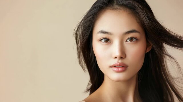Glamorous portrait of a young Asian woman with delicate makeup and soft hair.