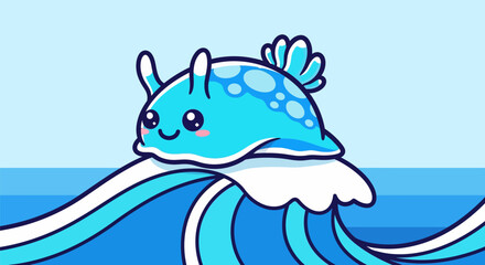 Adorable blue sea slug riding a wave with a happy expression.