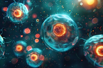 Fototapeta premium Male cells glowing under microscope with detailed textures and vivid structures