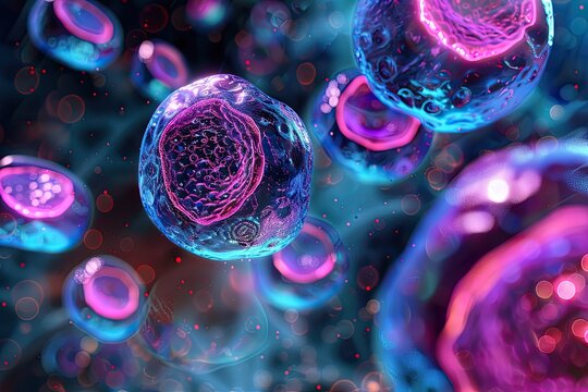 Male cells glowing under microscope with detailed textures and vivid structures