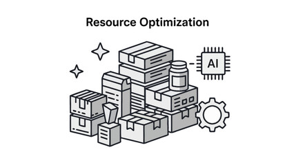 illustration of resource optimization concept with boxes gear and AI elements for efficient