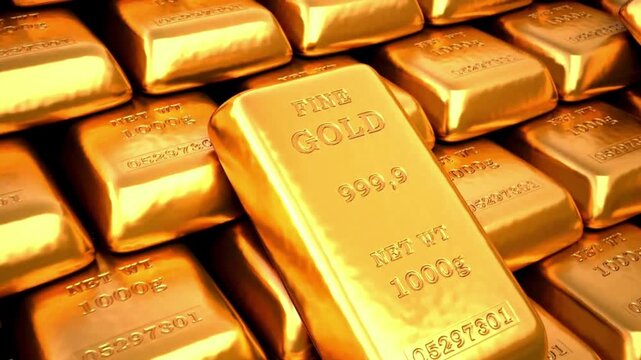 Dense stack of gleaming gold bars, embossed markings catch warm light with polished gleam and depth