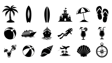 Obraz premium Set of 15 monochrome illustrated icons representing popular beach and vacation activities and items
