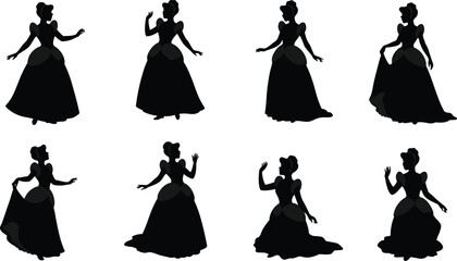 Ball gown silhouettes, elegant dress outline, princess fashion, royal costume, fantasy character, evening gown, stylish figure, theatrical pose, fashion art, luxury  © MD SAKIL