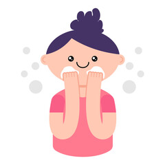 Skincare routine - Cute girl washing her face with cleansing foam . Vector illustration