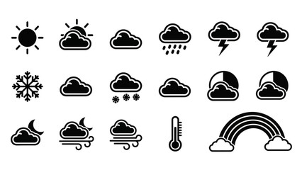 Fototapeta premium Weather and Climate Icons Set Depicting Sun Clouds Rain Snow Thunder and More
