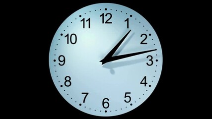 A round, light-blue analog clock with bold black numerals against a black backdrop, time, near noon!