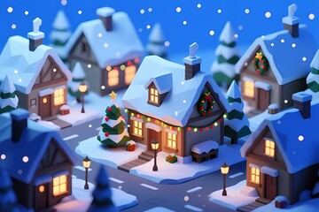 Low Poly Isometric Snowy Christmas Town 3D Render.