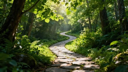 Fototapeta premium Winding stone pathway curving into a lush green forest with large trees and ferns illuminated by bright sunlight filtering through the canopy.