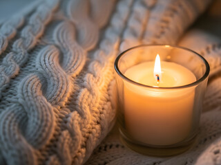Burning candle beside textured knit fabric warm glow