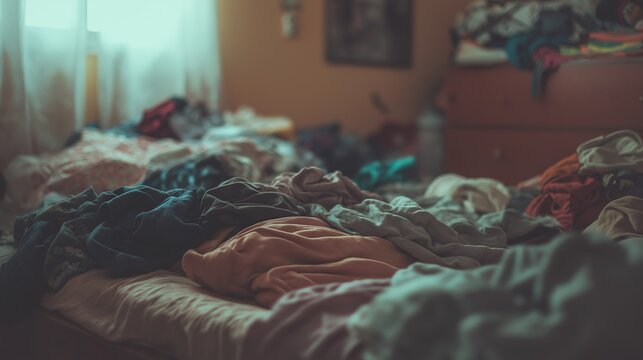 Untidy Bedroom with Clothes Scattered on Bed