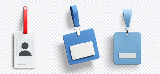 3d illustration of three blank id badge cards with blue and red lanyards hanging on transparent background for staff identity event access and corporate branding design