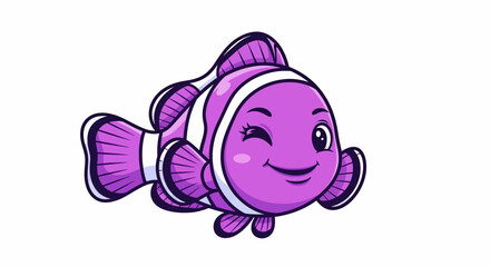 Cute purple clownfish winking cartoon illustration.