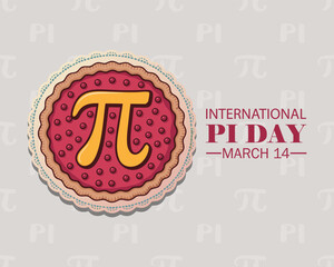 Pi Day vector background. Baked cherry pie with Pi Symbol and ribbon. Mathematical constant, irrational number, greek letter. Abstract digital illustration for March 14th. Poster creative template