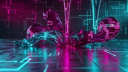 A futuristic and dark image featuring liquid-like, glossy glass sculptures shaped in flowing forms, illuminated by bright cyan and magenta neon light trails, resembling circuit board patterns. The set