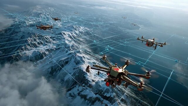 Drones navigating terrain: A squadron of advanced drones traverses a vast, rugged mountainous landscape. High above the clouds, a network of digital lines overlay the aerial view.