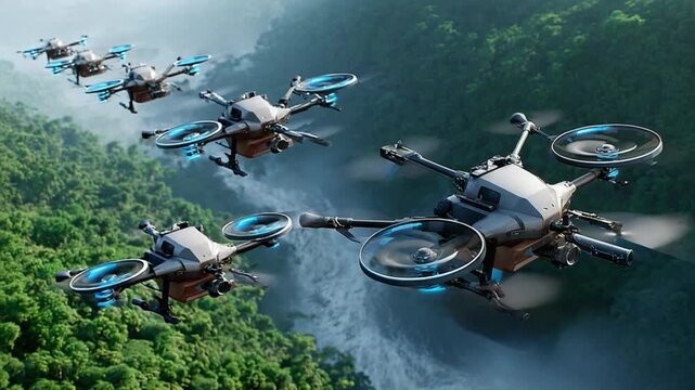 Aerial Armada: A squadron of advanced aerial drones soars over a verdant landscape, their sleek designs hinting at cutting-edge technology and future innovations.