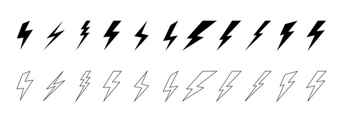 black outline flash lightning bolt icon, vector 
