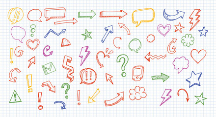 Obraz premium Collection of colorful hand drawn doodle icons featuring arrows speech bubbles hearts stars question marks and exclamation points on grid paper background
