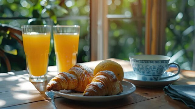 A cozy breakfast setting with two plates of freshly baked croissants and two glasses filled with orange juice on a wooden table. A blue teapot is also visible in the background.