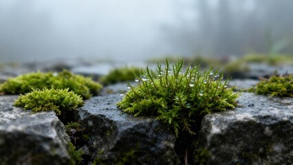 Glistening dew droplets covering vibrant green bryophyte moss growing out of cracked gray wet stone pavement in heavy fog.