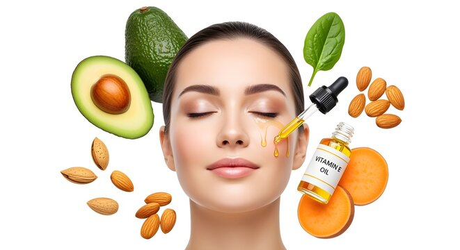 Healthy skin beauty theme with Vitamin E elements, isolated on pure white, no shadows
