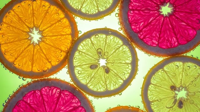 Closeup of backlit citrus fruit slices orange, lemon, grapefruit with water bubbles, isolated on white background - Powered by Adobe