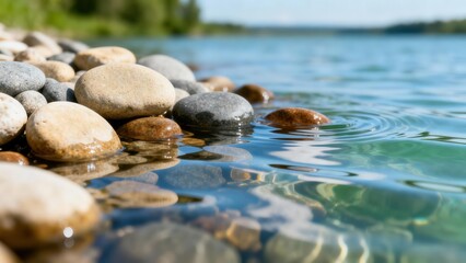 Rounded gray and beige river stones clustered along the sunny shore submerged partially in clear turquoise water.