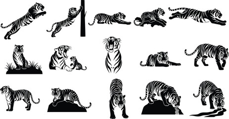 Collection of dynamic tiger silhouettes in various poses and actions