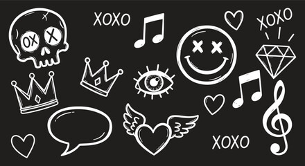 Collection of white hand drawn doodle icons featuring skulls hearts crowns music notes and smiley faces on a black background for edgy design projects