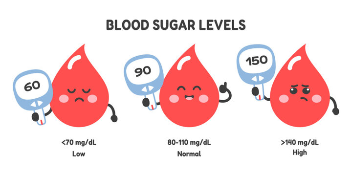 Blood sugar levels chart with cute blood drop characters holding glucometers. Depicts hypoglycemia, normal range, and hyperglycemia with glucose values. Diabetes management and healthcare concept. 
