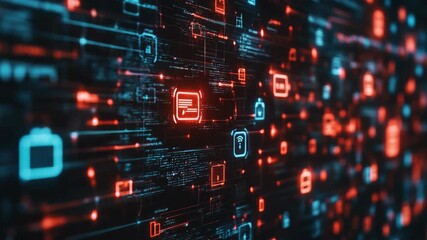 A digital interface displaying a complex network of interconnected nodes and pathways in red and blue hues. - Powered by Adobe