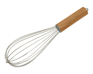 Modern kitchen equipment whisk, wooden handle food preparation tool PNG isolated on transparent background.