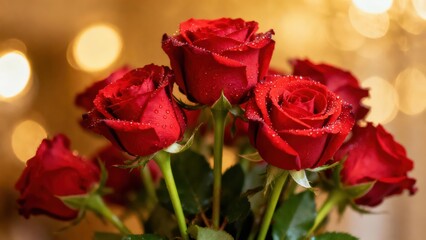 Vibrant red rose flowers adorned with glistening dew drops showcased against a soft golden light background.