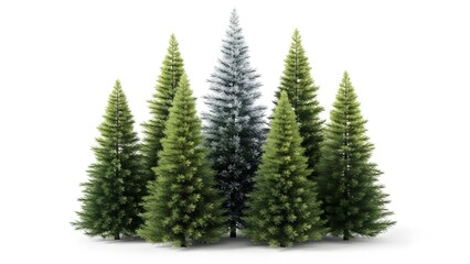 Obraz premium Group of christmas trees with one frosted tree in the center, isolated on white background
