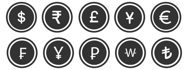 Set of currency symbols dollar, euro, pound, yen, won, rupee, franc, bitcoin, lira, ruble icon vector. Popular international currency sign isolated on transparent background. Vector illustration