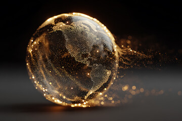 Golden globe with sparkling particles on dark background